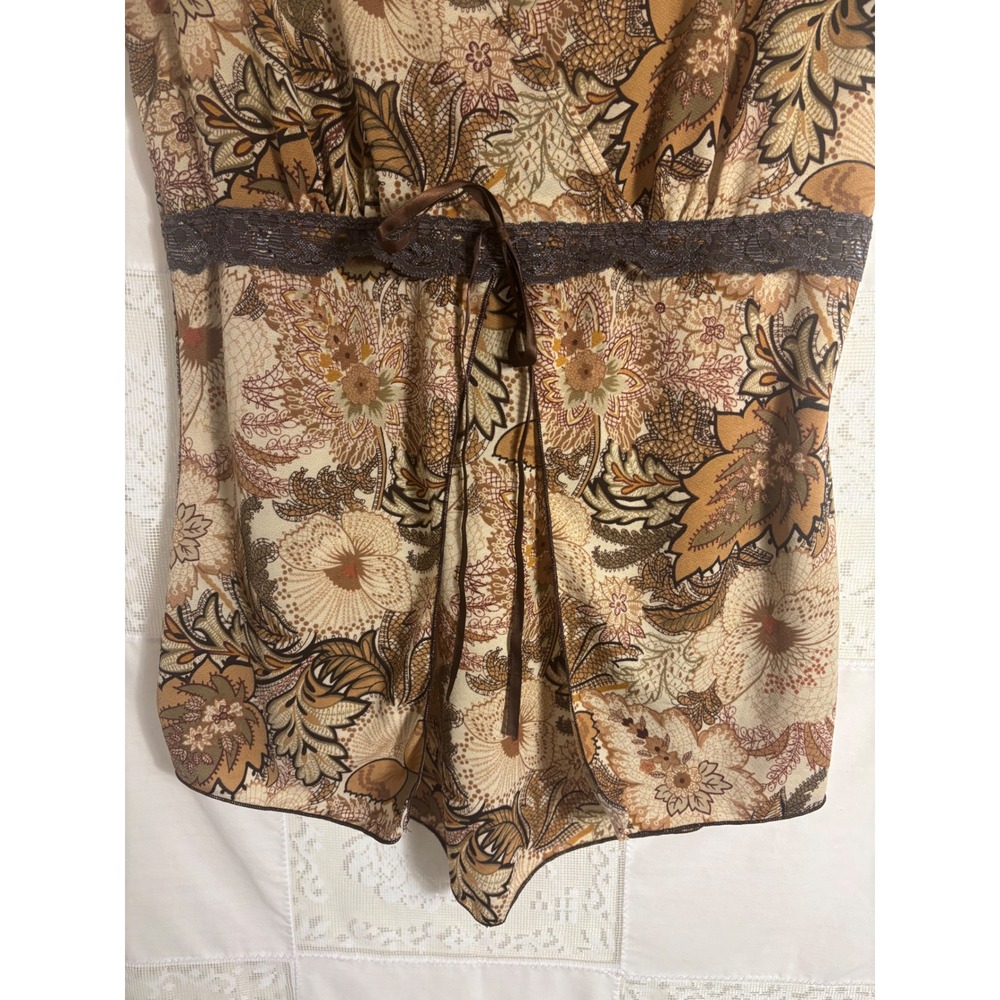Early 2000's Brown Floral Lace Trim Faux Wrap Babydoll Blouse Size L-XL - Picture 6 of 11